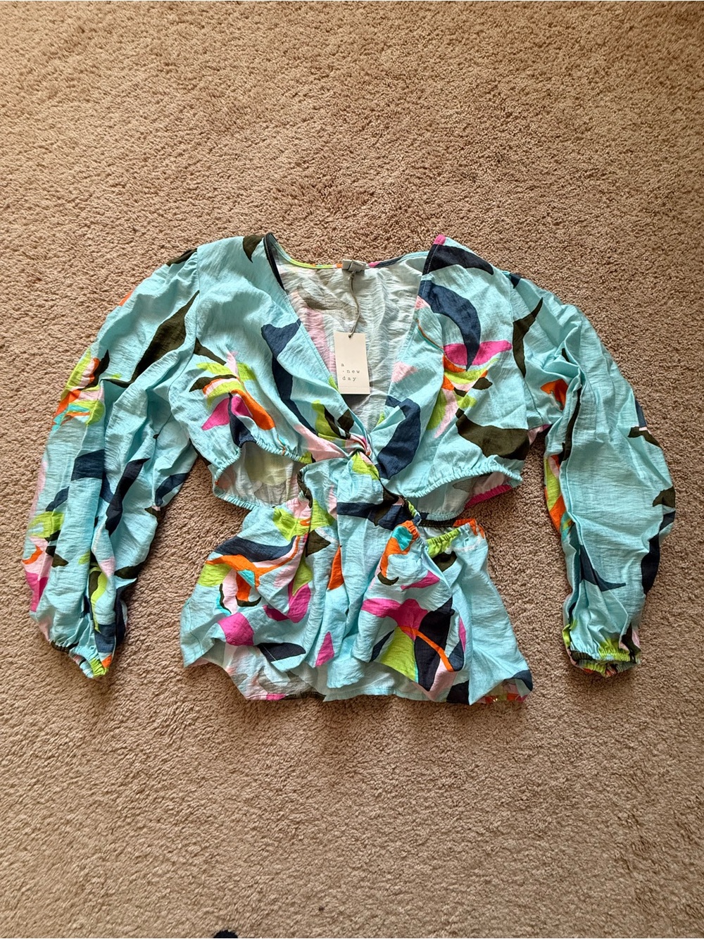 a new day Blue Tropical Print Tie-Front Blouse